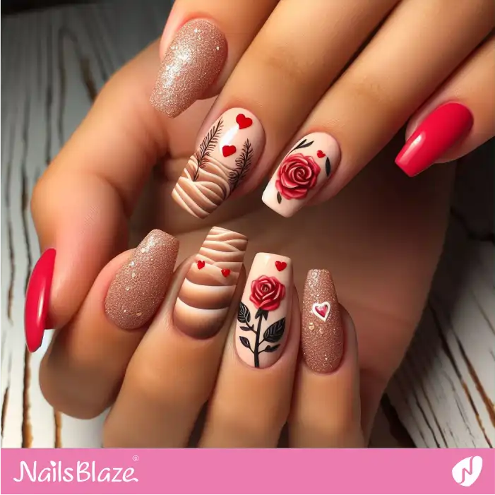 Hearts and Roses Nails with Glitter Design | Valentine Nails - NB2931